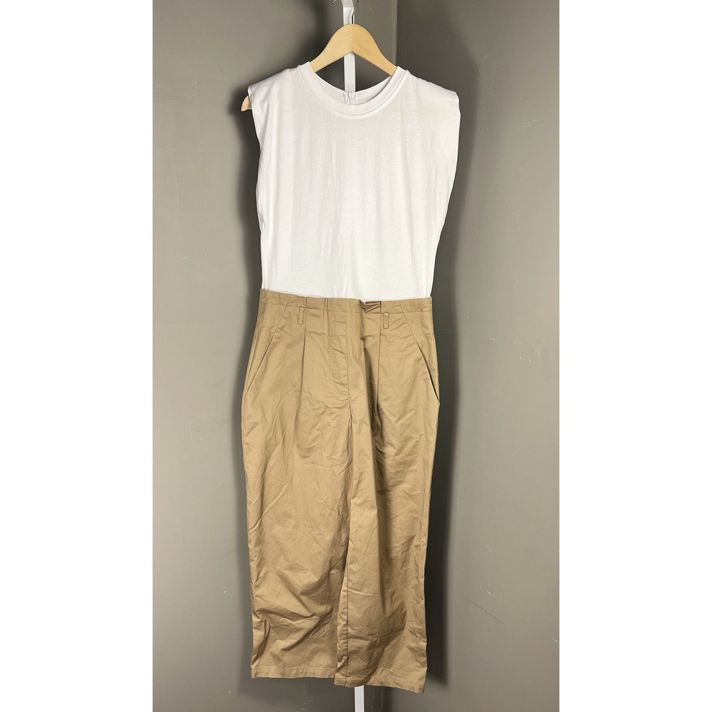 Zara One Piece Jumpsuit White & Khaki Women's M Wide-Leg Sleeveless EUC